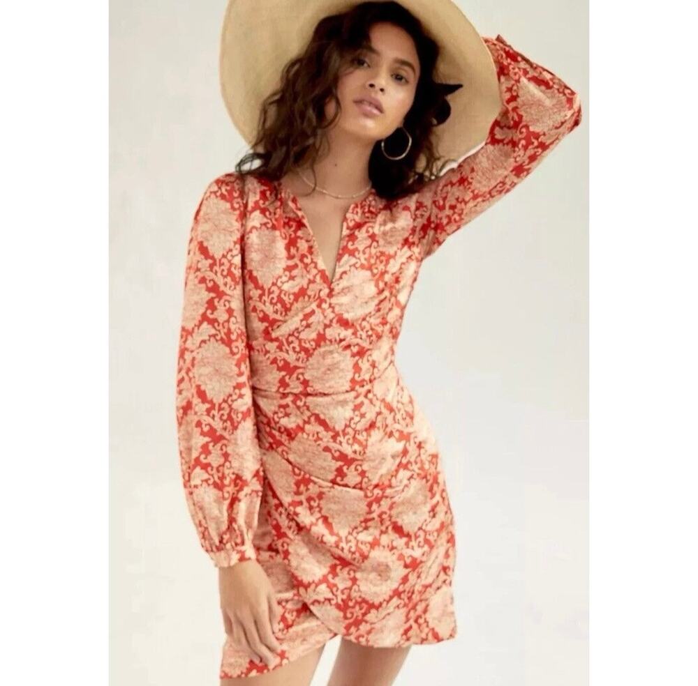 Anthropologie Women's Red Cream Floral Silk Blend Skylar Mini Dress Sz 8 Romance